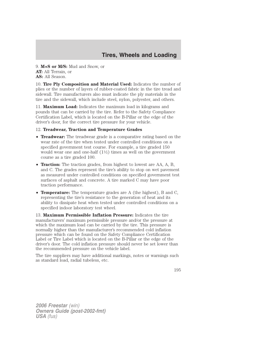 Tires, wheels and loading | FORD 2006 Freestar v.2 User Manual | Page 195 / 328