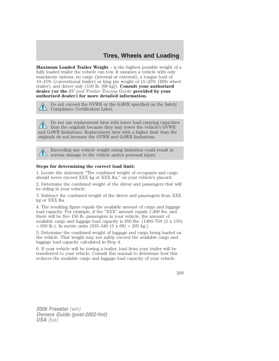 Tires, wheels and loading | FORD 2006 Freestar v.2 User Manual | Page 209 / 328