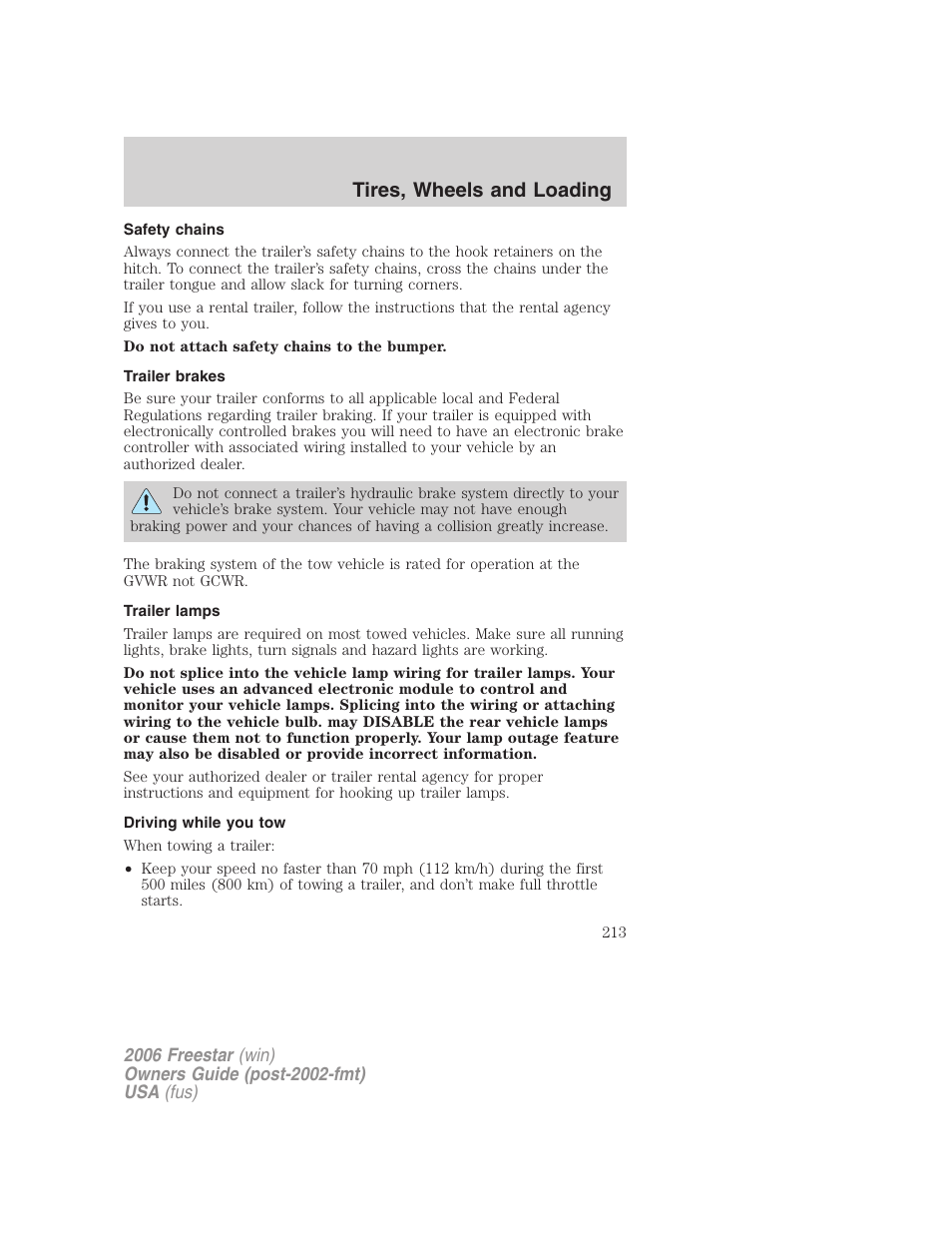 Safety chains, Trailer brakes, Trailer lamps | Driving while you tow, Tires, wheels and loading | FORD 2006 Freestar v.2 User Manual | Page 213 / 328