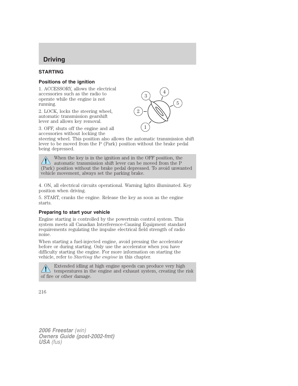 Driving, Starting, Positions of the ignition | Preparing to start your vehicle | FORD 2006 Freestar v.2 User Manual | Page 216 / 328