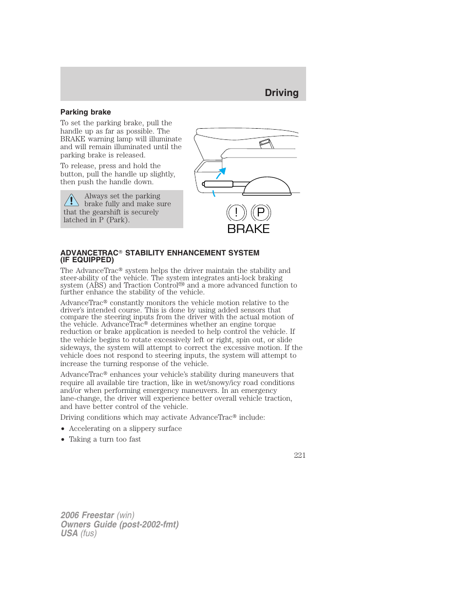 Parking brake, P! brake, Driving | FORD 2006 Freestar v.2 User Manual | Page 221 / 328