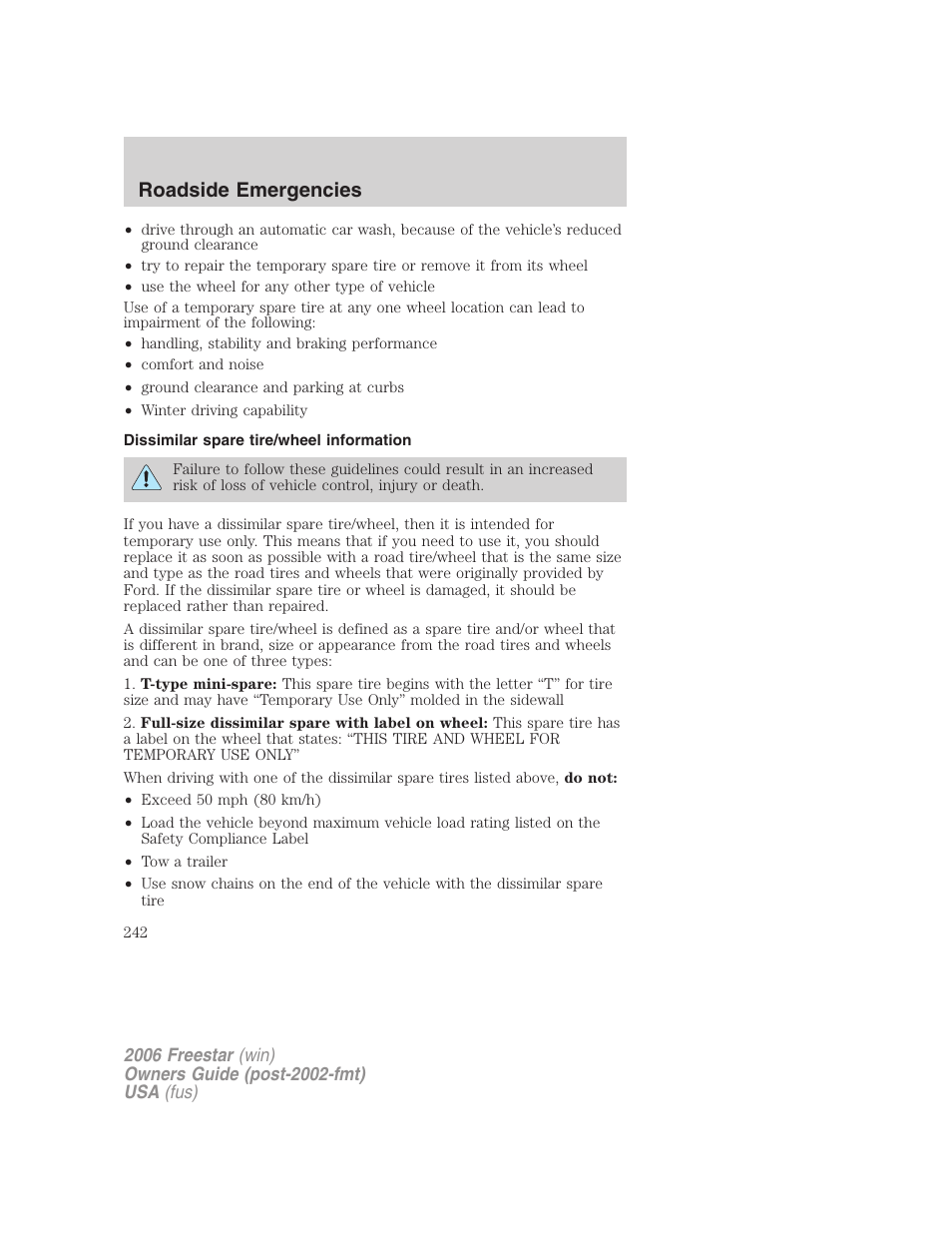 Dissimilar spare tire/wheel information, Roadside emergencies | FORD 2006 Freestar v.2 User Manual | Page 242 / 328