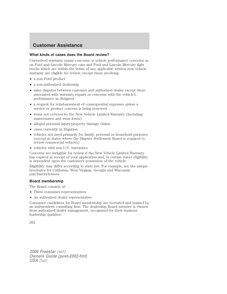 What kinds of cases does the board review, Board membership, Customer assistance | FORD 2006 Freestar v.2 User Manual | Page 262 / 328