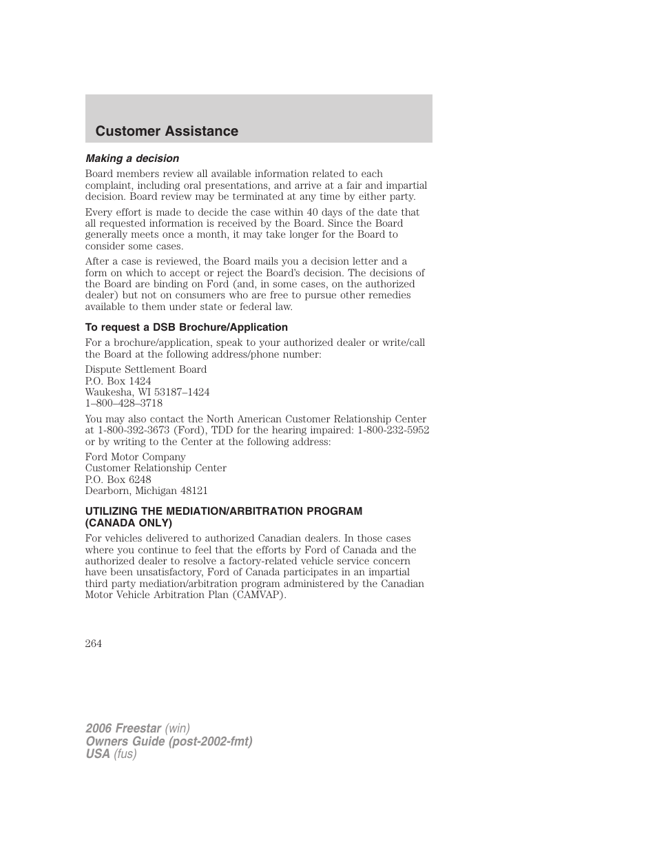 Making a decision, To request a dsb brochure/application, Customer assistance | FORD 2006 Freestar v.2 User Manual | Page 264 / 328