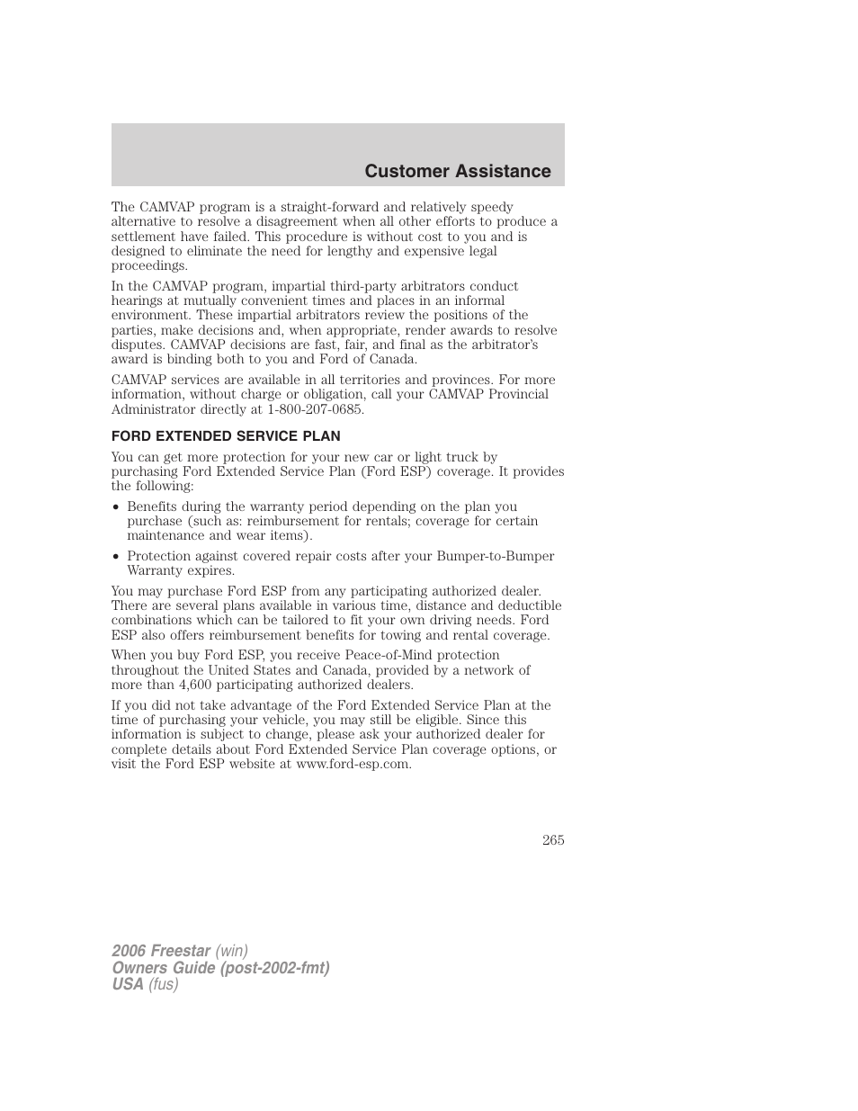 Ford extended service plan, Customer assistance | FORD 2006 Freestar v.2 User Manual | Page 265 / 328