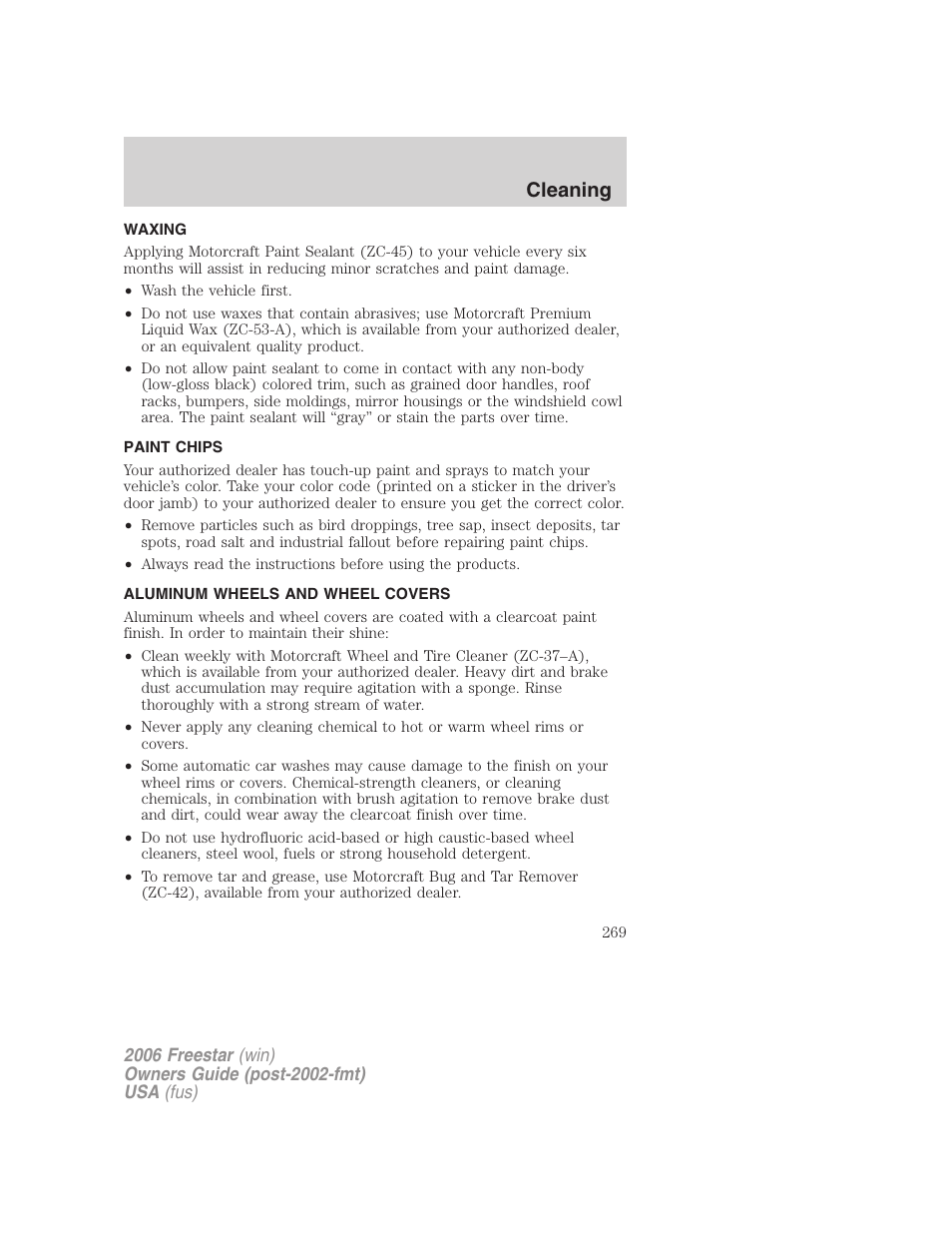 Waxing, Paint chips, Aluminum wheels and wheel covers | Cleaning | FORD 2006 Freestar v.2 User Manual | Page 269 / 328