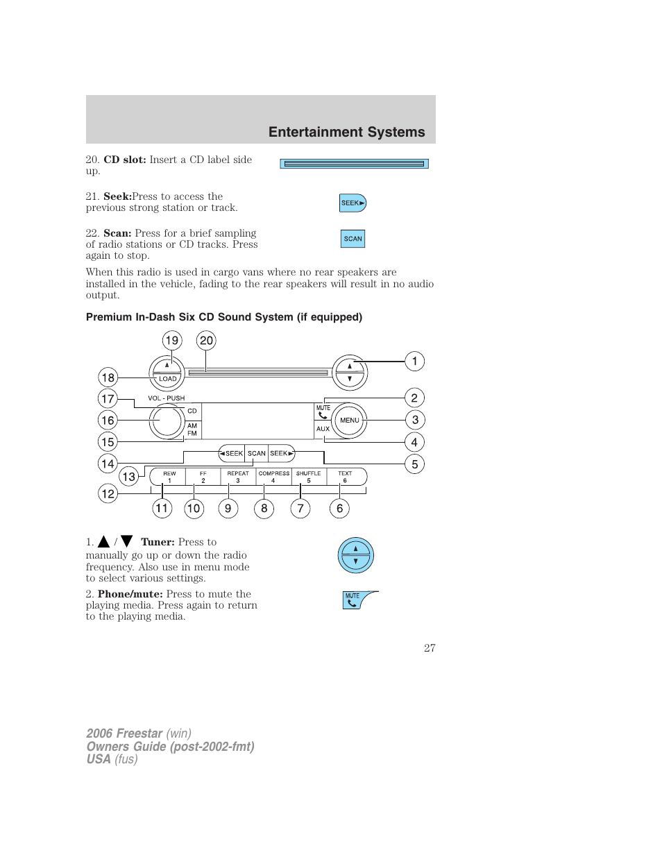 Premium in-dash six cd sound system (if equipped), Am/fm stereo with in-dash six cd, Entertainment systems | FORD 2006 Freestar v.2 User Manual | Page 27 / 328