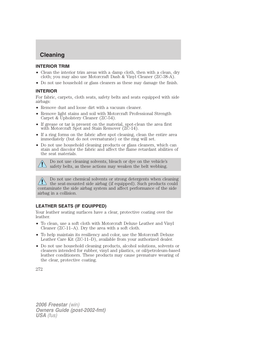 Interior trim, Interior, Leather seats (if equipped) | Cleaning | FORD 2006 Freestar v.2 User Manual | Page 272 / 328