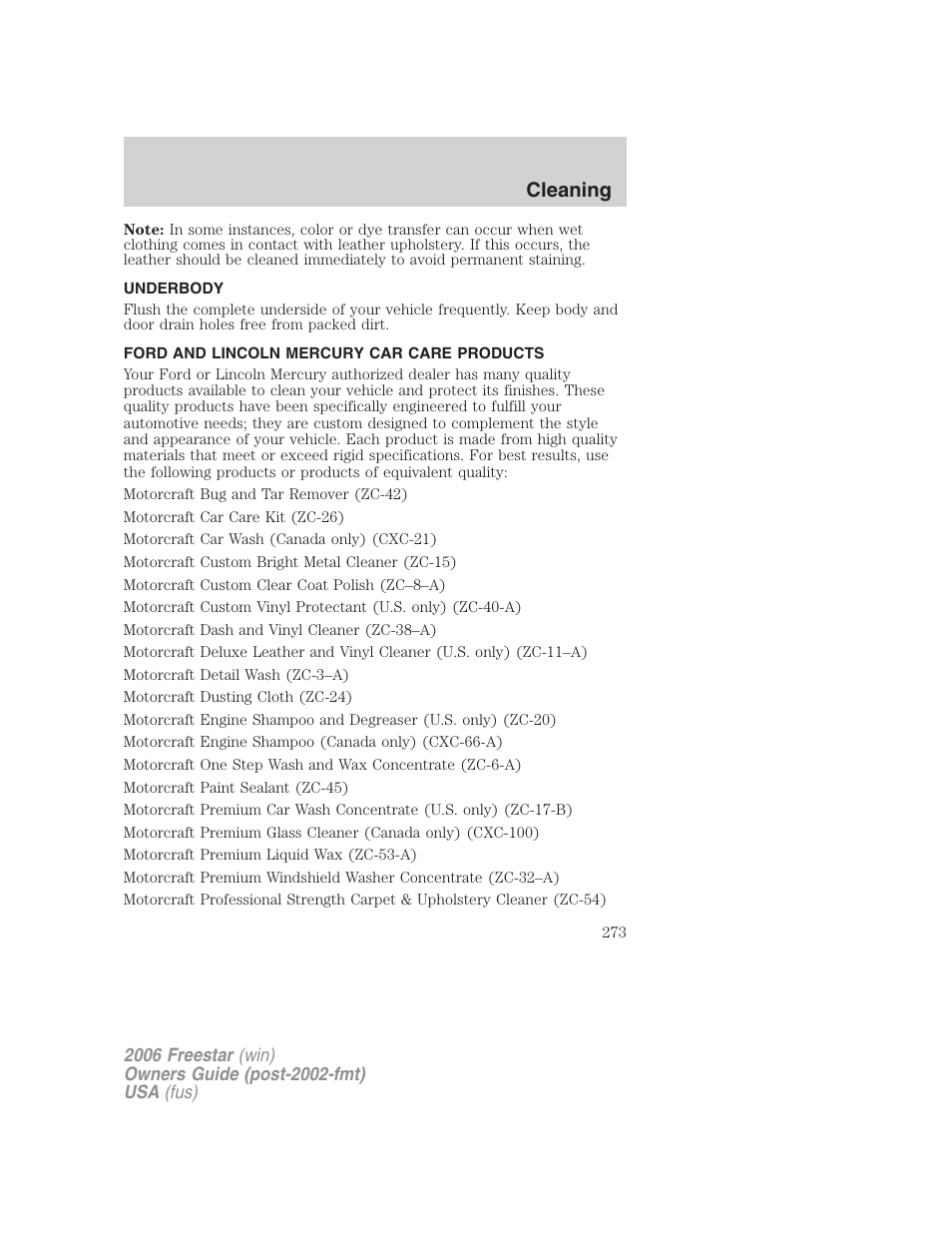 Underbody, Ford and lincoln mercury car care products, Cleaning | FORD 2006 Freestar v.2 User Manual | Page 273 / 328