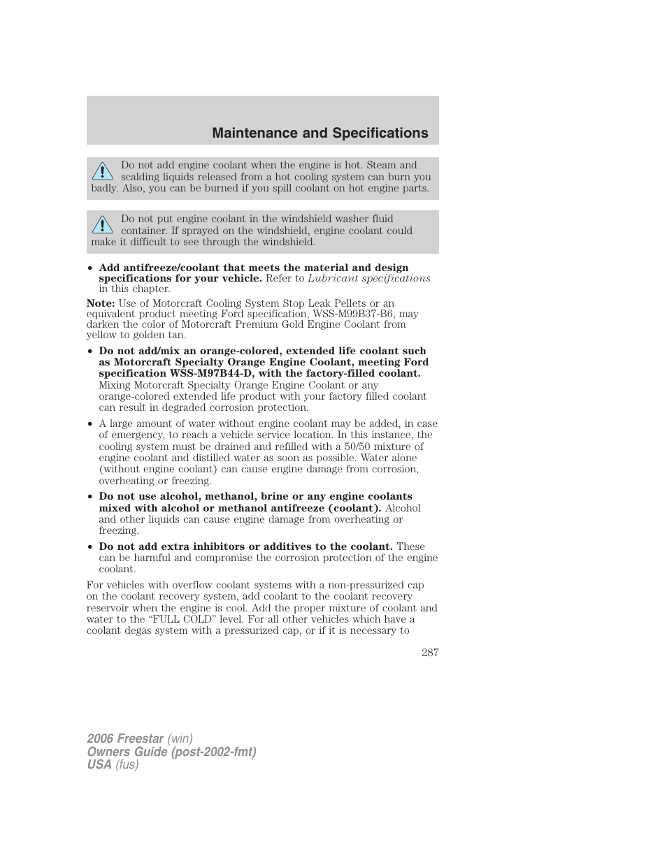 Maintenance and specifications | FORD 2006 Freestar v.2 User Manual | Page 287 / 328