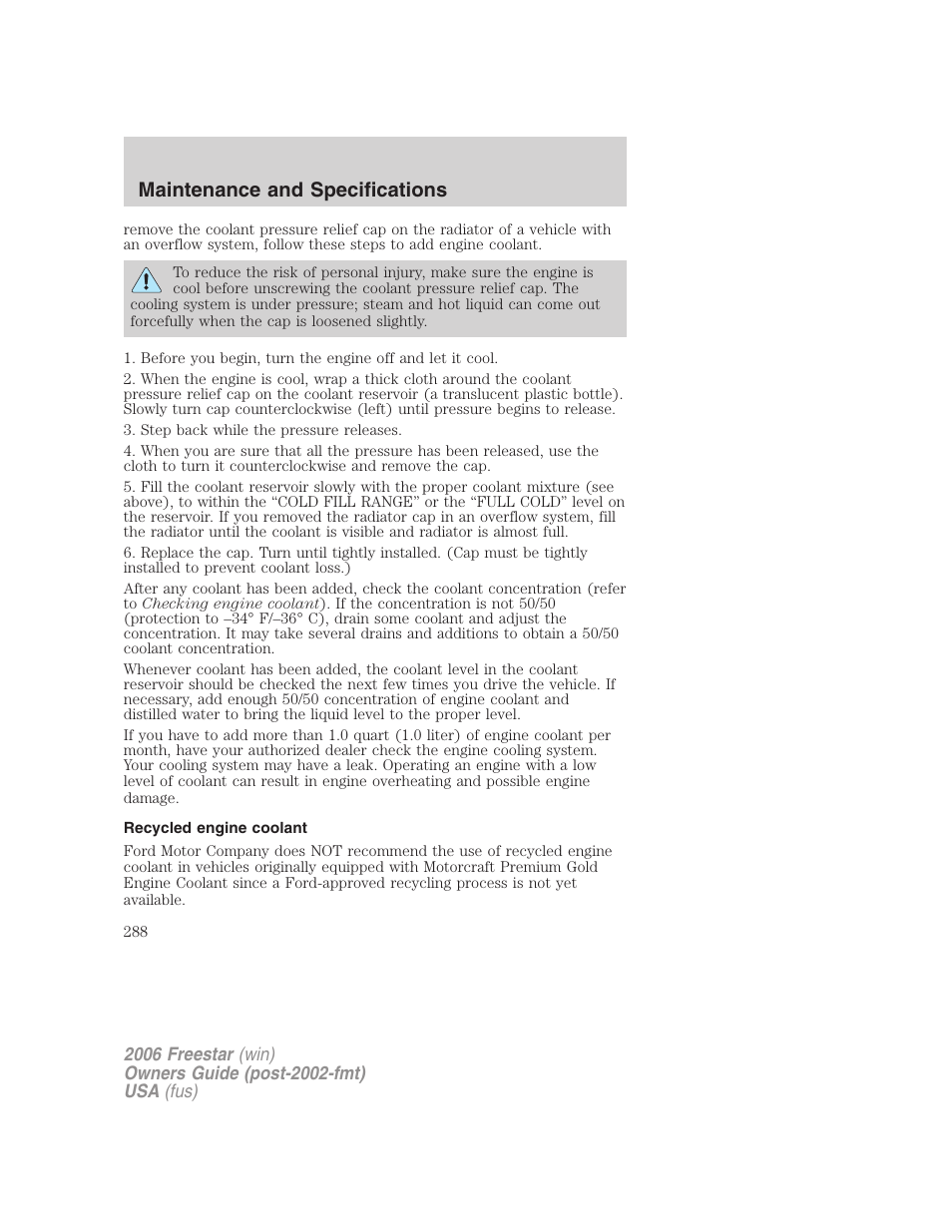 Recycled engine coolant, Maintenance and specifications | FORD 2006 Freestar v.2 User Manual | Page 288 / 328