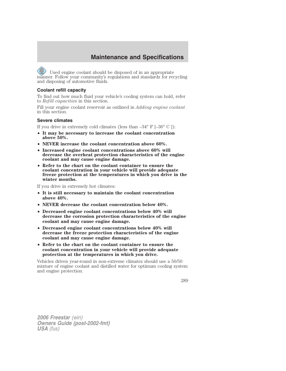 Coolant refill capacity, Severe climates, Maintenance and specifications | FORD 2006 Freestar v.2 User Manual | Page 289 / 328