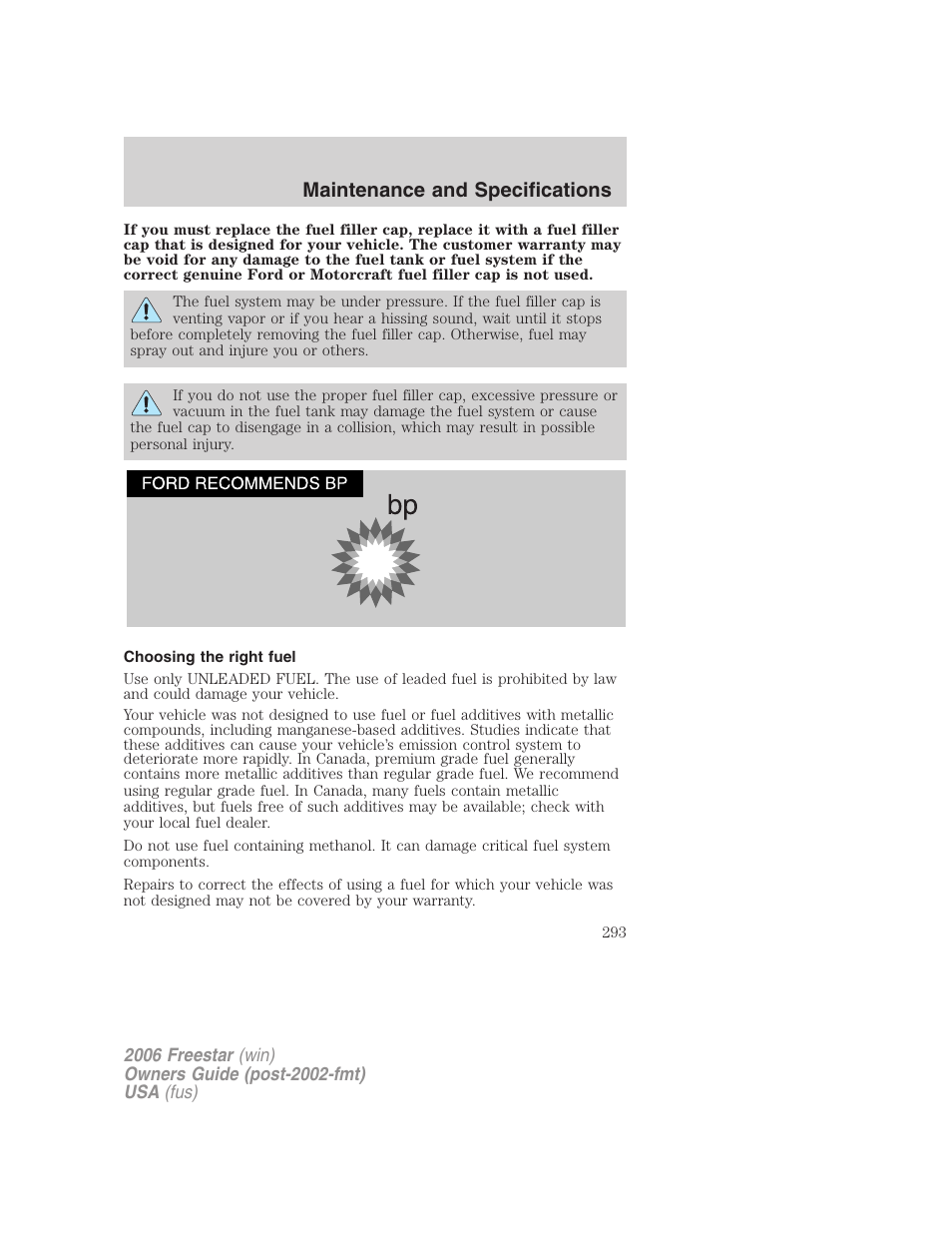 Choosing the right fuel, Maintenance and specifications | FORD 2006 Freestar v.2 User Manual | Page 293 / 328