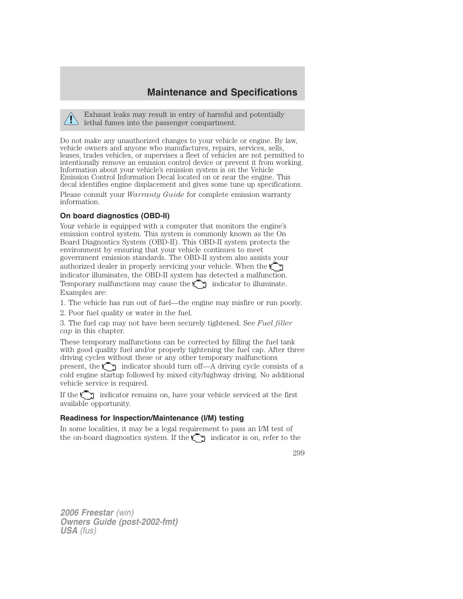 On board diagnostics (obd-ii), Readiness for inspection/maintenance (i/m) testing, Maintenance and specifications | FORD 2006 Freestar v.2 User Manual | Page 299 / 328