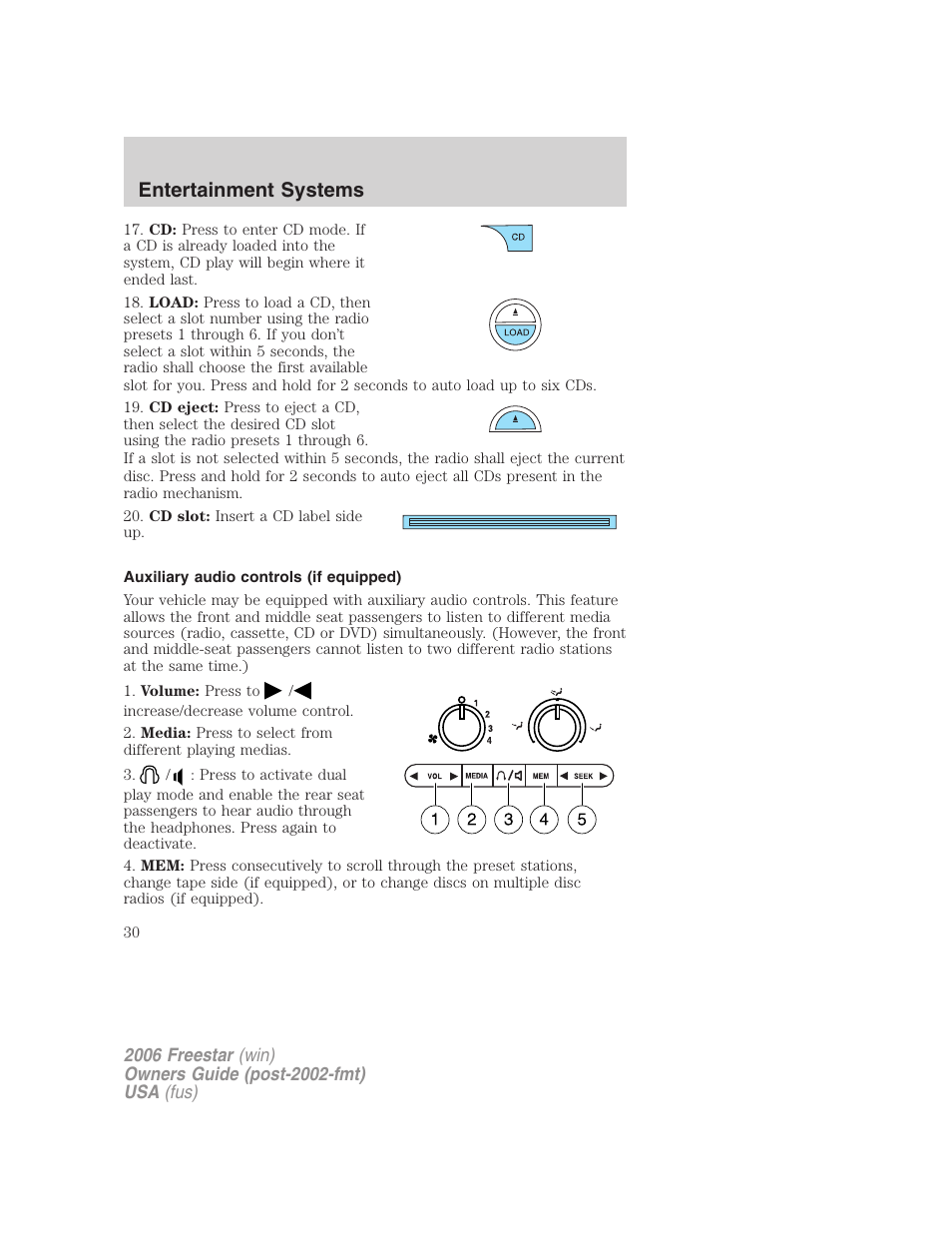 Auxiliary audio controls (if equipped), Entertainment systems | FORD 2006 Freestar v.2 User Manual | Page 30 / 328