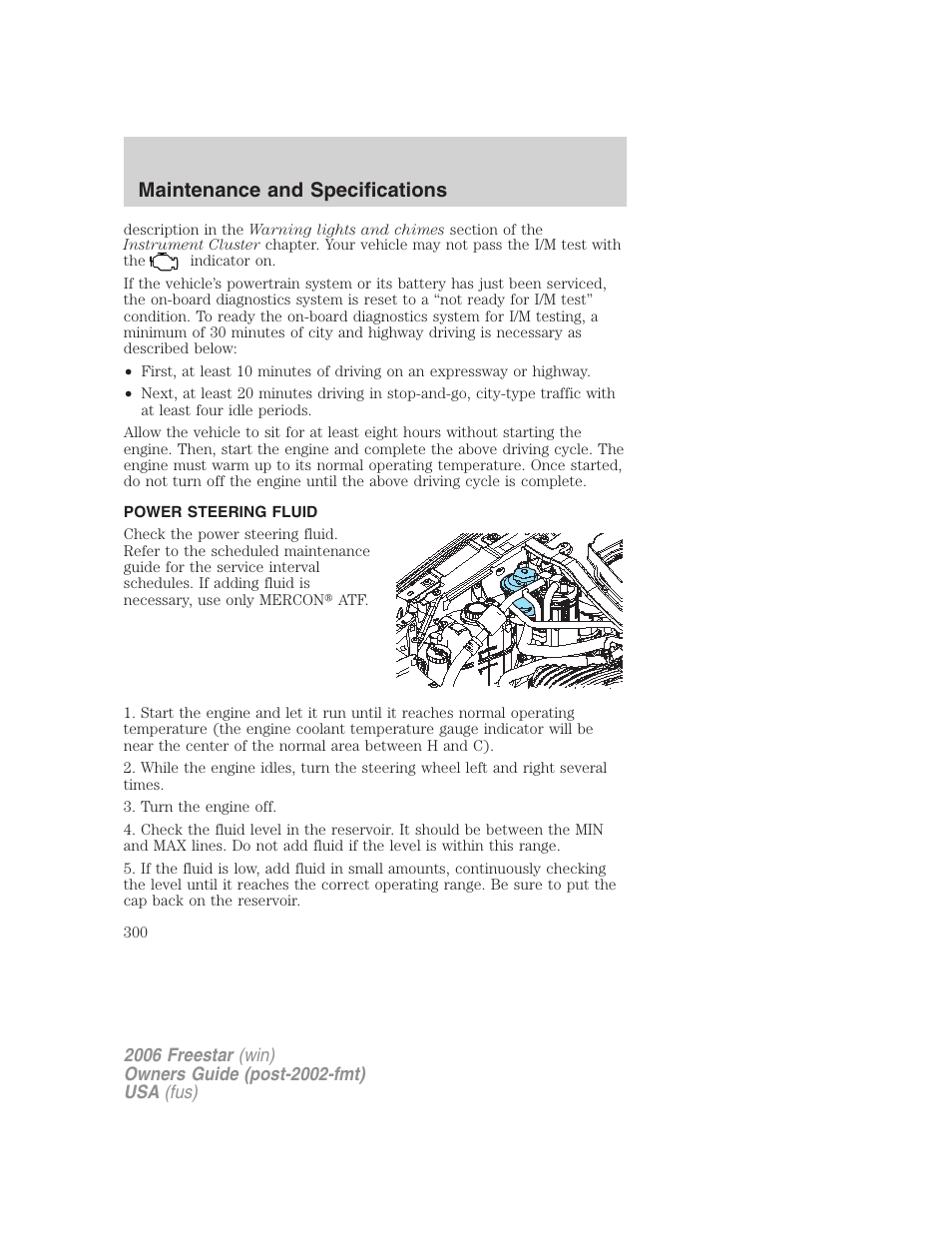 Power steering fluid, Maintenance and specifications | FORD 2006 Freestar v.2 User Manual | Page 300 / 328