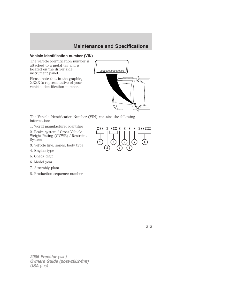 Vehicle identification number (vin), Maintenance and specifications | FORD 2006 Freestar v.2 User Manual | Page 313 / 328