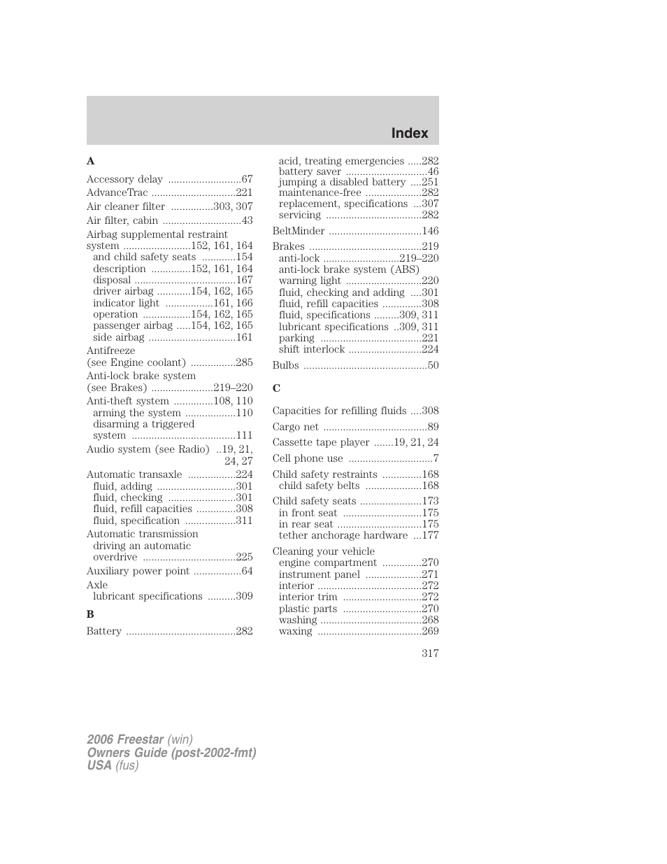 Index | FORD 2006 Freestar v.2 User Manual | Page 317 / 328