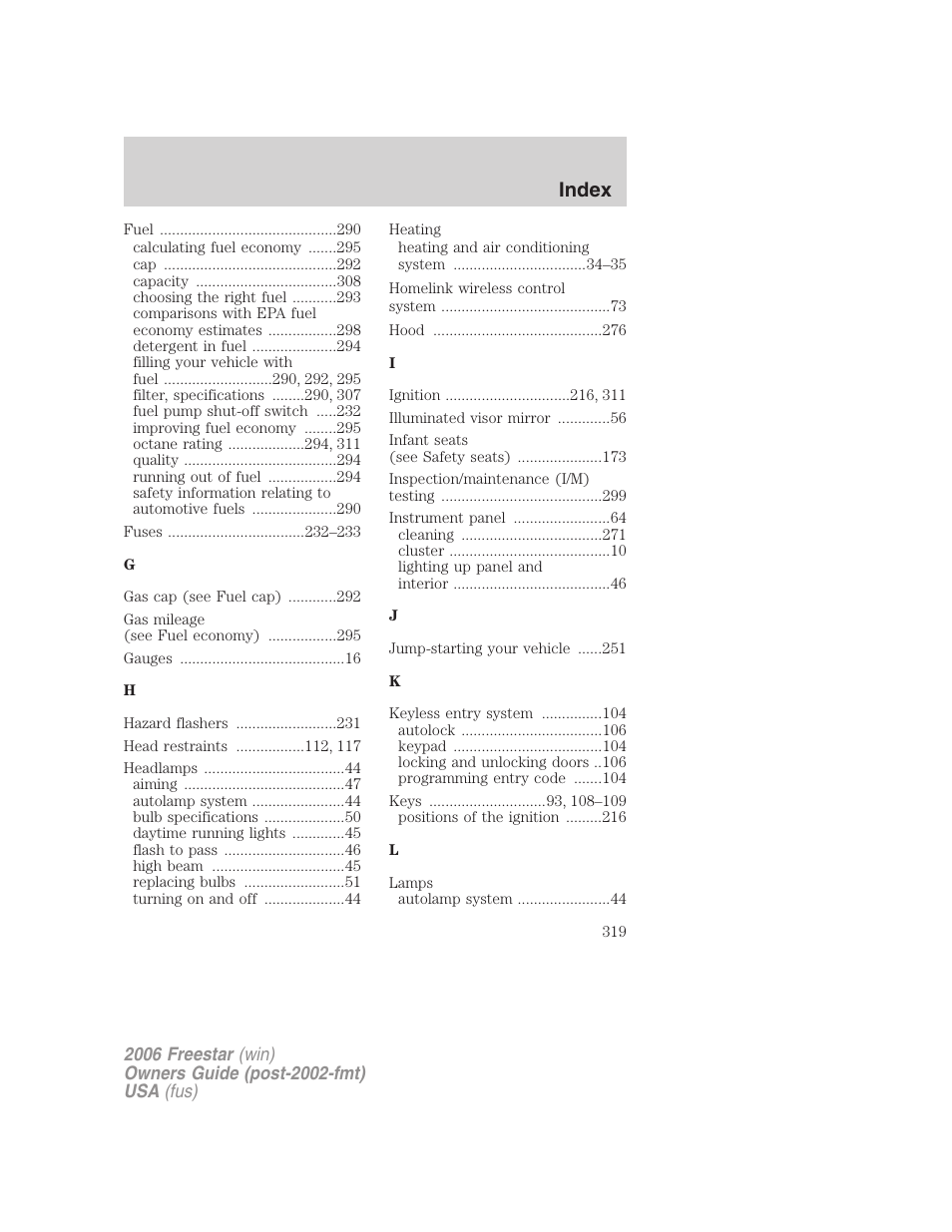 Index | FORD 2006 Freestar v.2 User Manual | Page 319 / 328