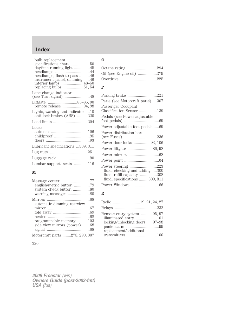 Index | FORD 2006 Freestar v.2 User Manual | Page 320 / 328