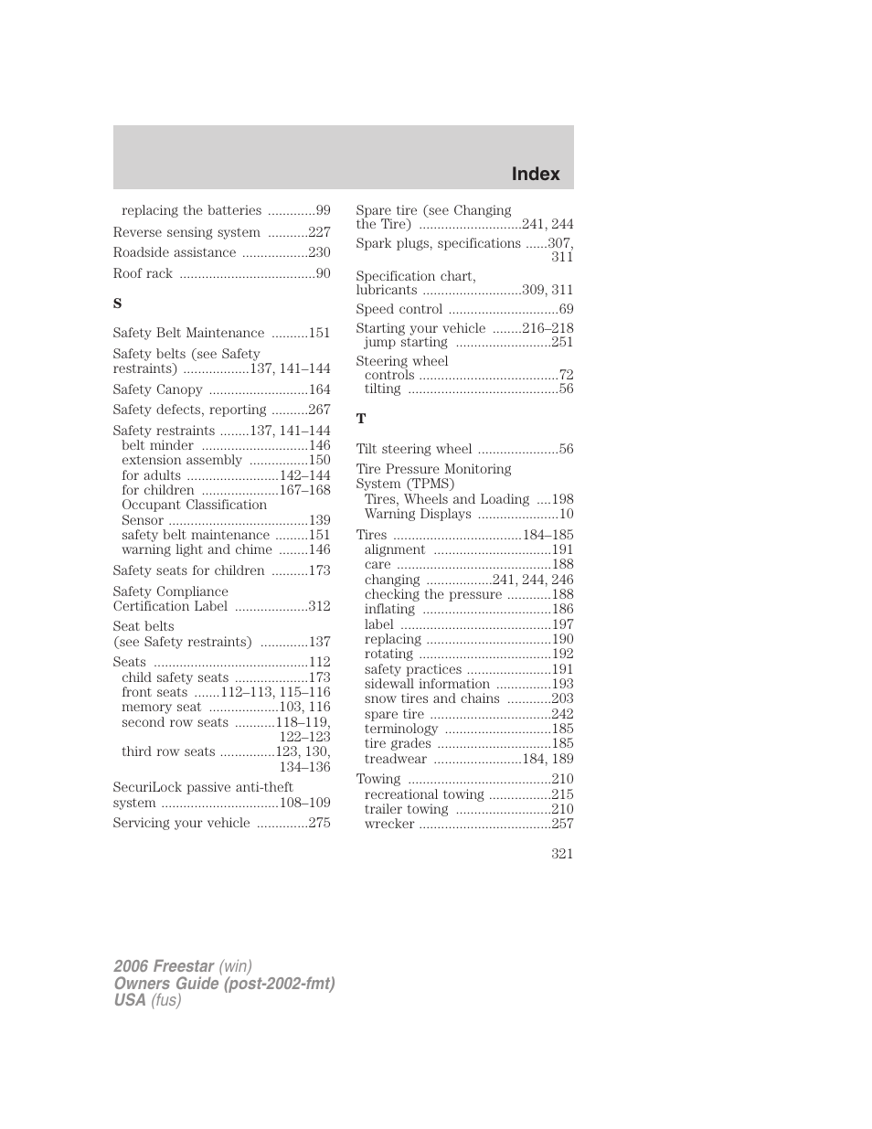 Index | FORD 2006 Freestar v.2 User Manual | Page 321 / 328