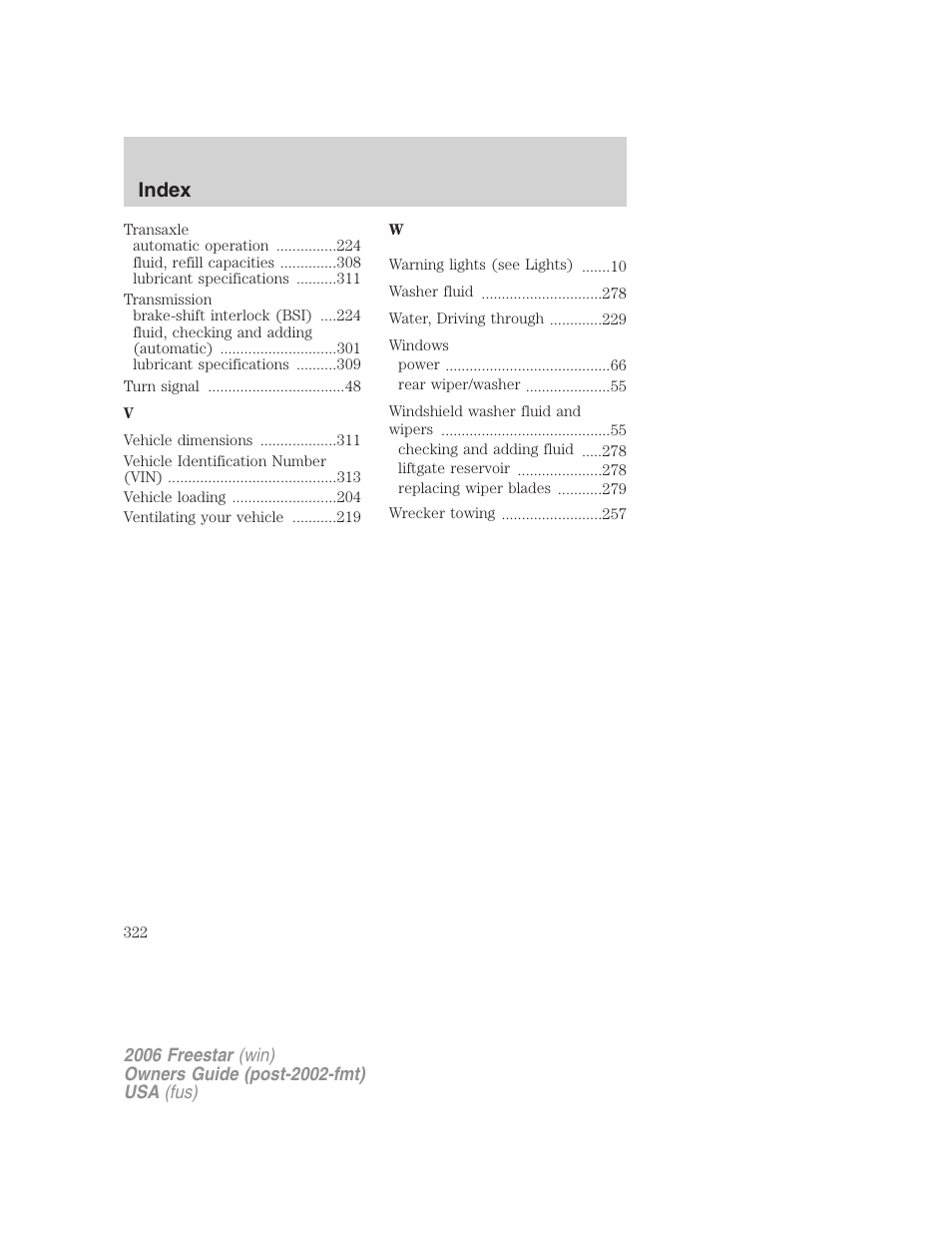 Index | FORD 2006 Freestar v.2 User Manual | Page 322 / 328