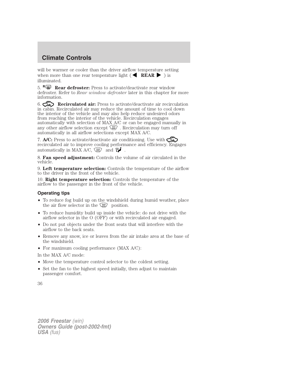 Operating tips, Climate controls | FORD 2006 Freestar v.2 User Manual | Page 36 / 328