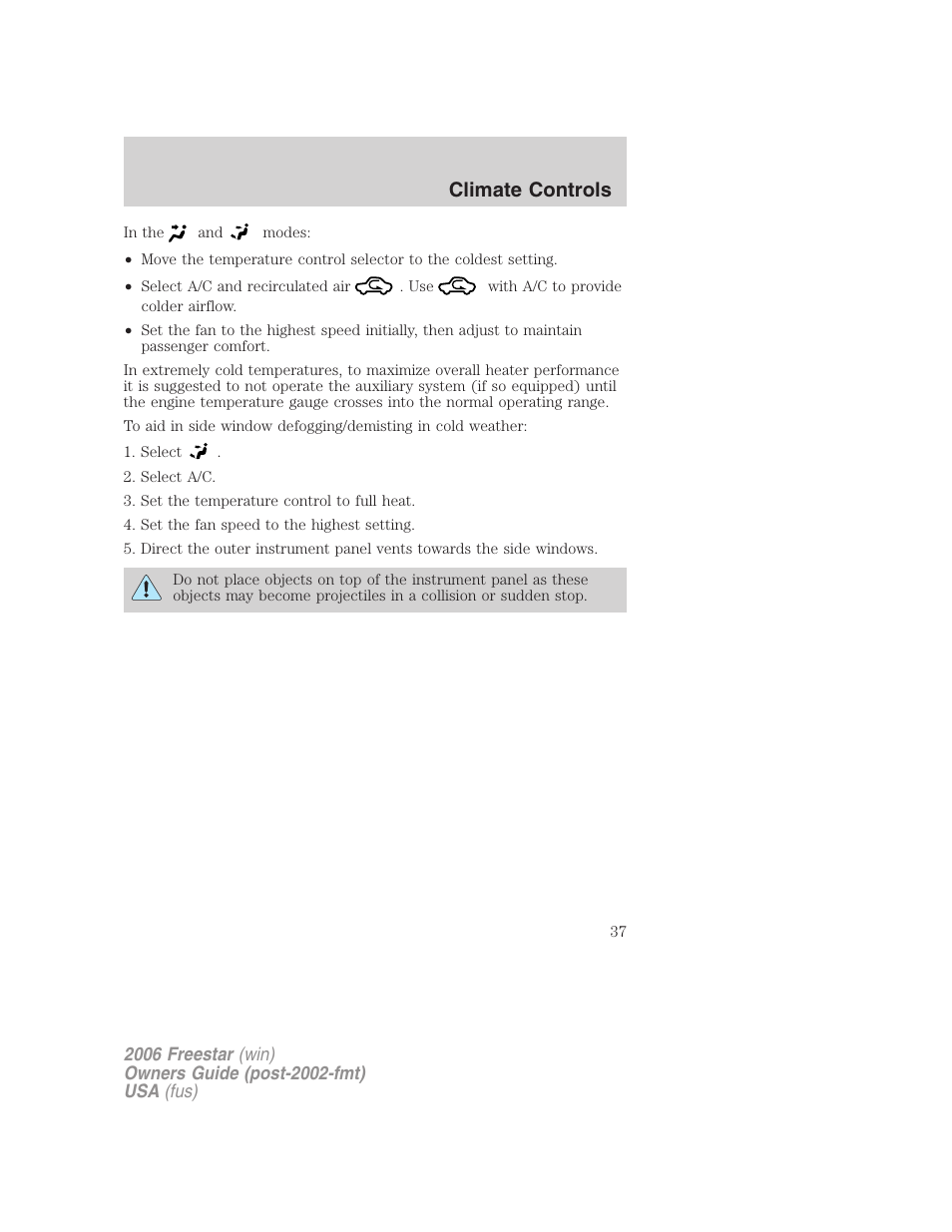 Climate controls | FORD 2006 Freestar v.2 User Manual | Page 37 / 328