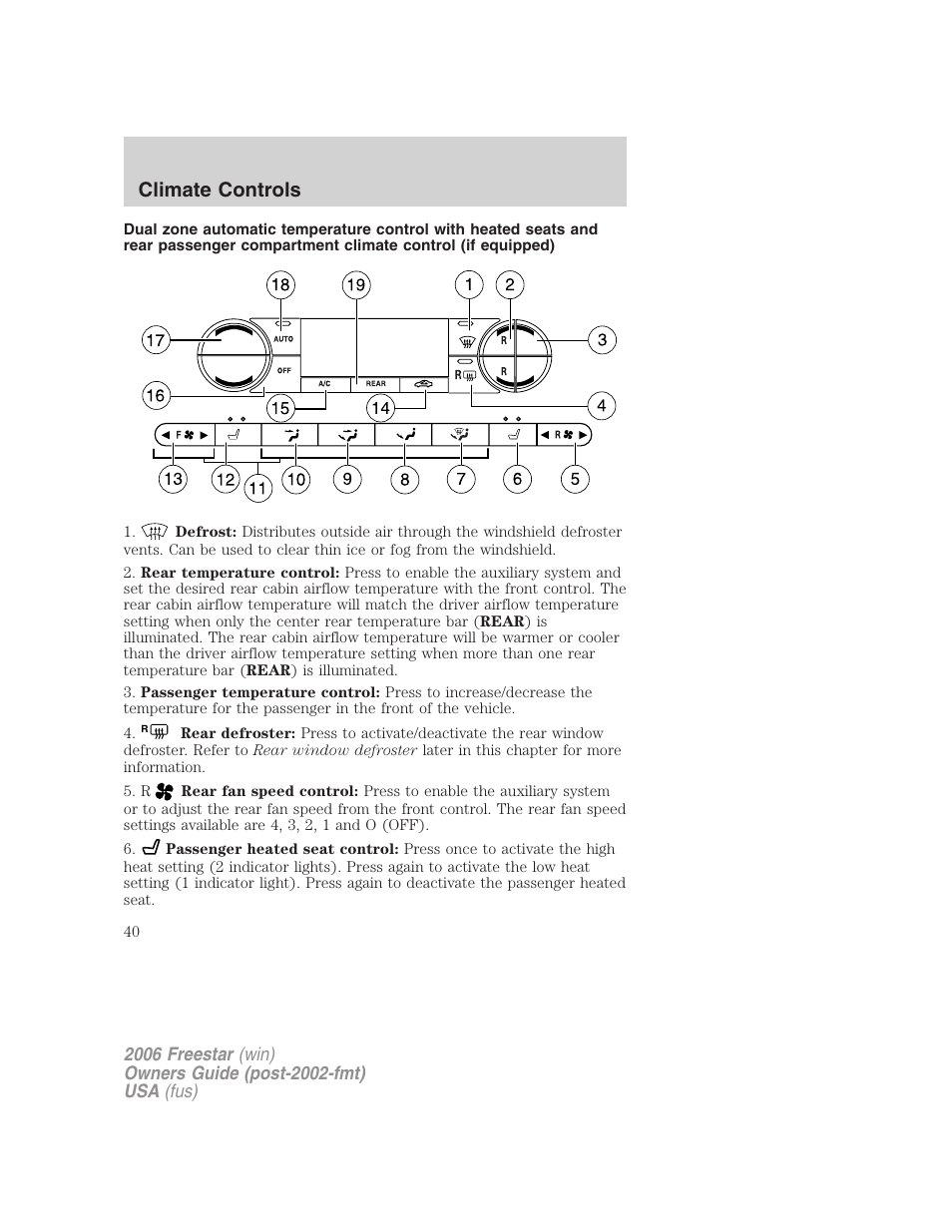 Climate controls | FORD 2006 Freestar v.2 User Manual | Page 40 / 328