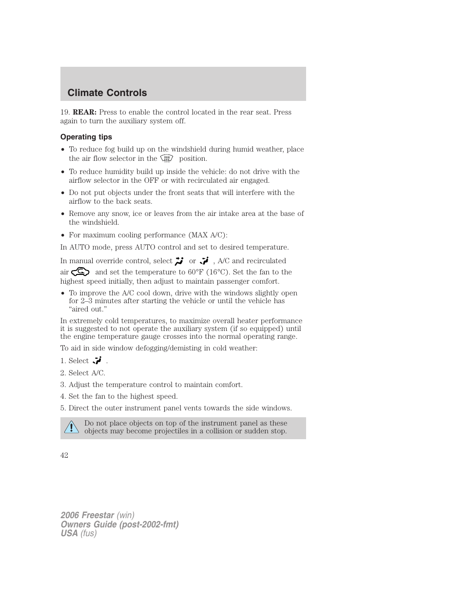 Operating tips, Climate controls | FORD 2006 Freestar v.2 User Manual | Page 42 / 328