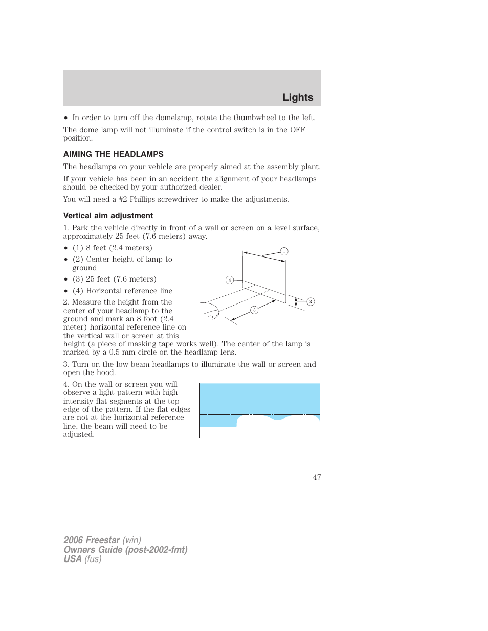 Aiming the headlamps, Vertical aim adjustment, Lights | FORD 2006 Freestar v.2 User Manual | Page 47 / 328