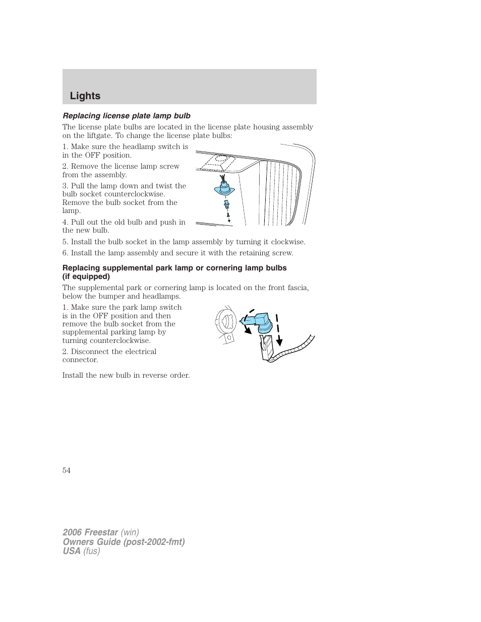 Replacing license plate lamp bulb, Lights | FORD 2006 Freestar v.2 User Manual | Page 54 / 328