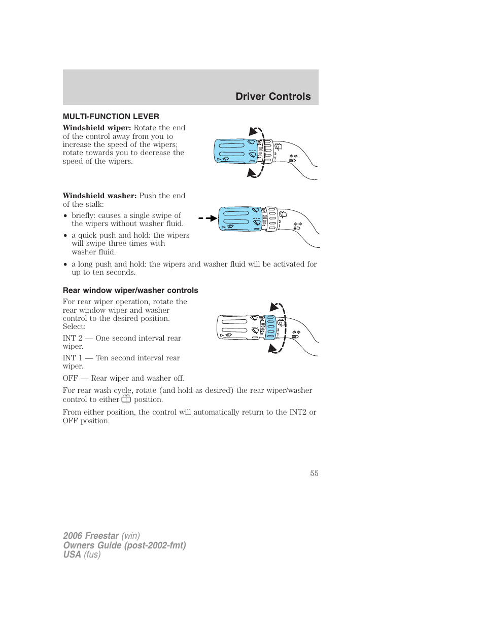 Driver controls, Multi-function lever, Rear window wiper/washer controls | Windshield wiper/washer control | FORD 2006 Freestar v.2 User Manual | Page 55 / 328