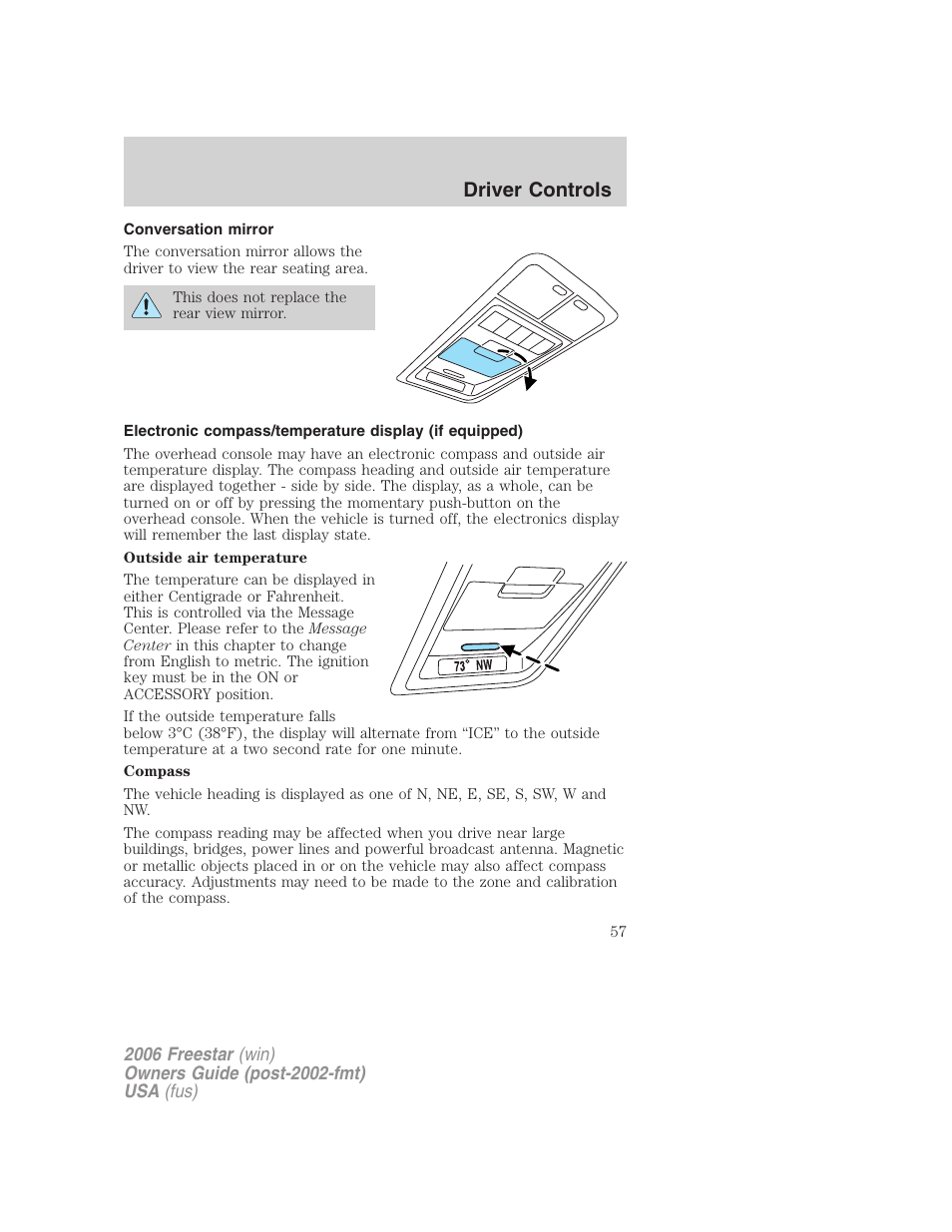 Conversation mirror, Driver controls | FORD 2006 Freestar v.2 User Manual | Page 57 / 328