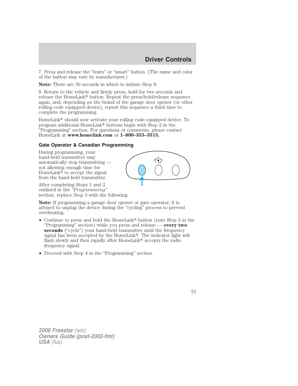 Gate operator & canadian programming, Driver controls | FORD 2006 Freestar v.2 User Manual | Page 75 / 328