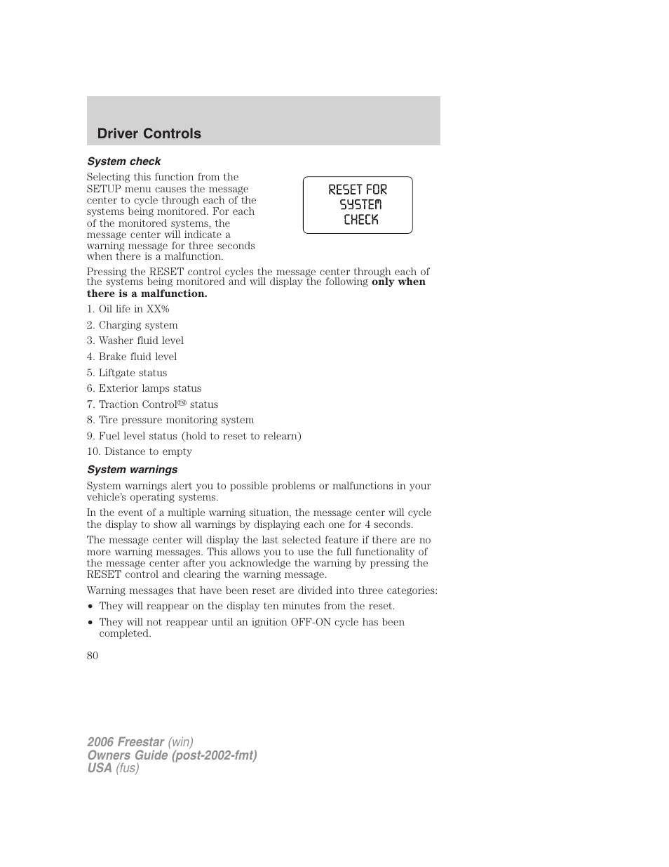 System check, System warnings, Driver controls | FORD 2006 Freestar v.2 User Manual | Page 80 / 328