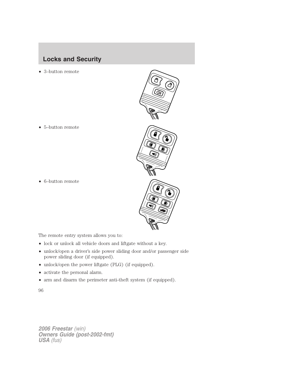 Locks and security | FORD 2006 Freestar v.2 User Manual | Page 96 / 328