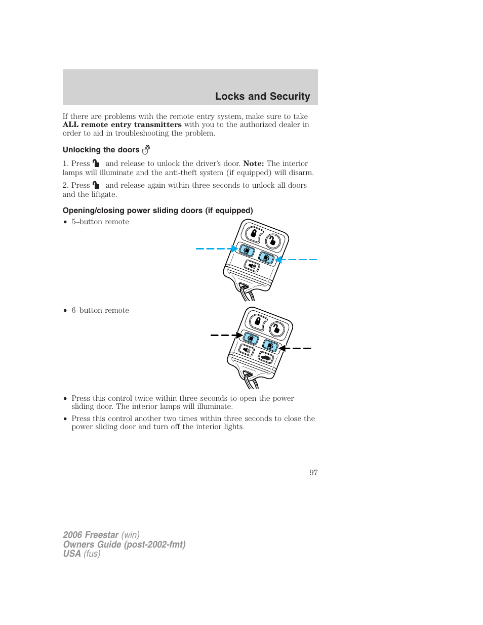 Unlocking the doors, Opening/closing power sliding doors (if equipped), Locks and security | FORD 2006 Freestar v.2 User Manual | Page 97 / 328