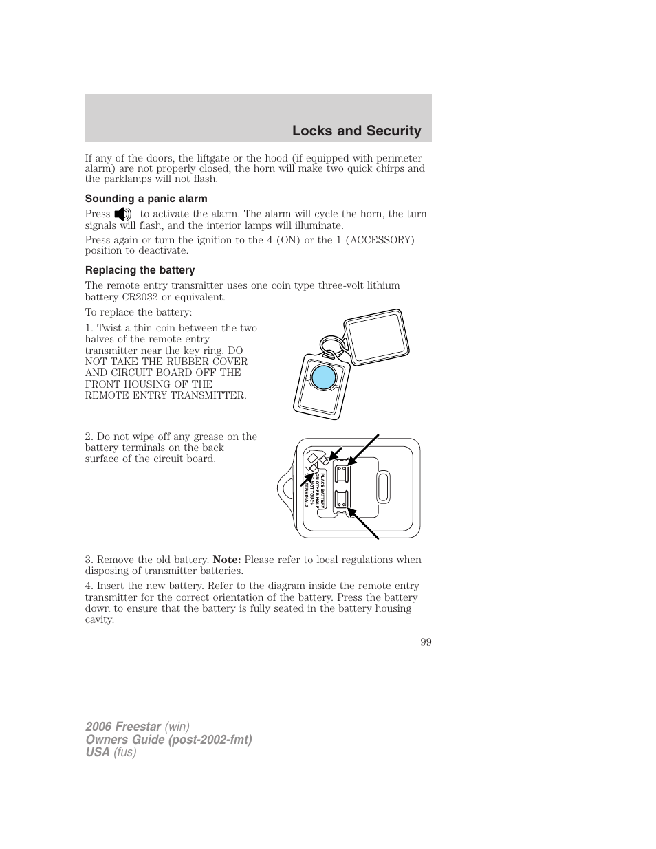 Sounding a panic alarm, Replacing the battery, Locks and security | FORD 2006 Freestar v.2 User Manual | Page 99 / 328