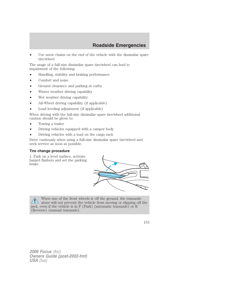 Tire change procedure, Roadside emergencies | FORD 2006 Focus v.1 User Manual | Page 153 / 224