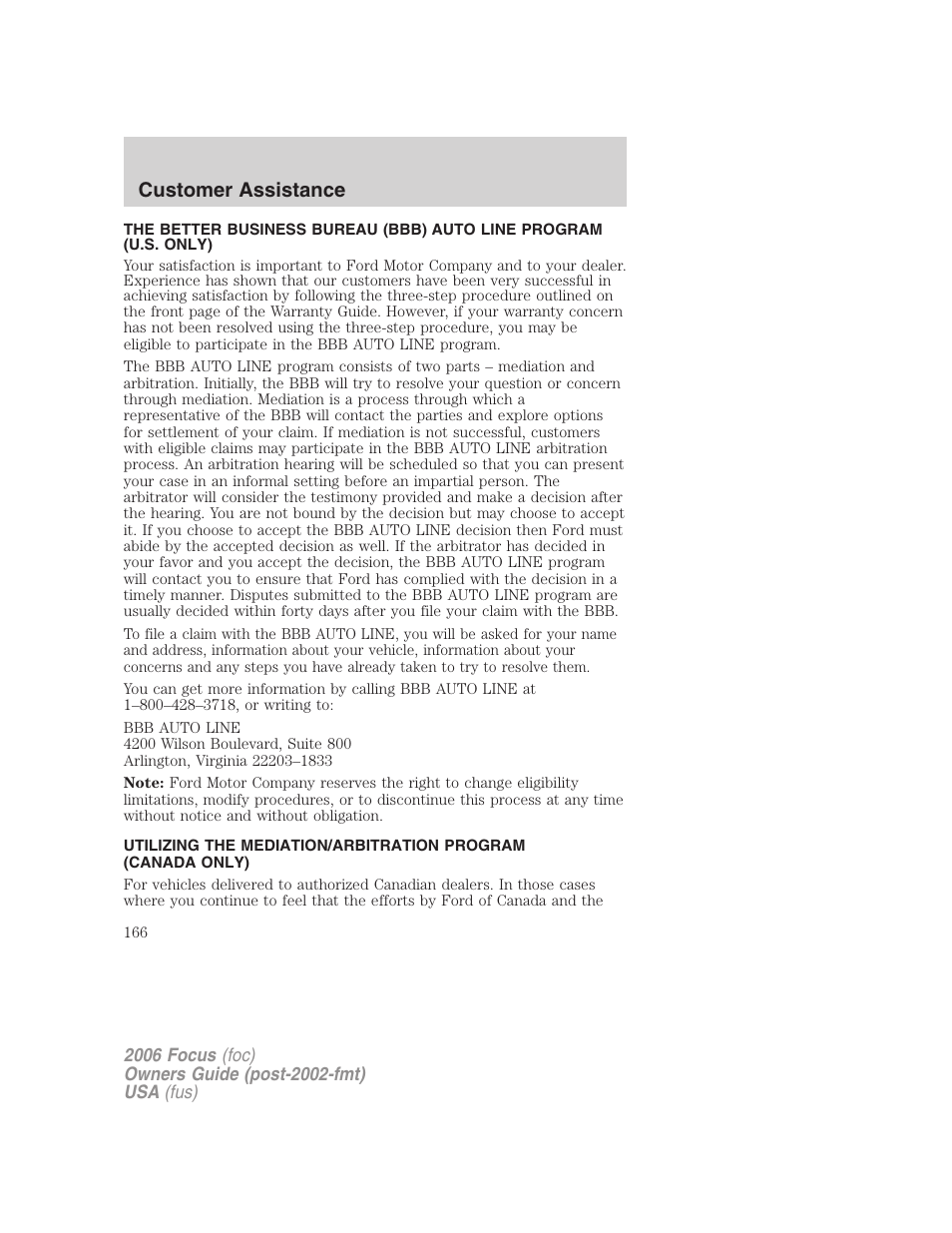 Customer assistance | FORD 2006 Focus v.1 User Manual | Page 166 / 224