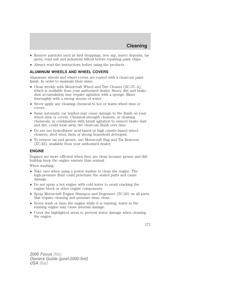 Aluminum wheels and wheel covers, Engine, Cleaning | FORD 2006 Focus v.1 User Manual | Page 171 / 224