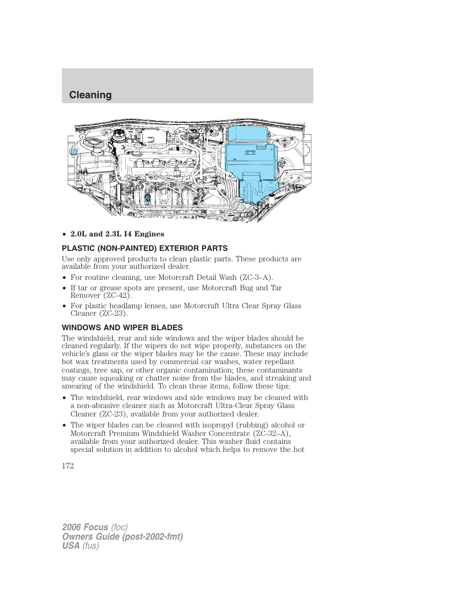 Plastic (non-painted) exterior parts, Windows and wiper blades, Cleaning | FORD 2006 Focus v.1 User Manual | Page 172 / 224