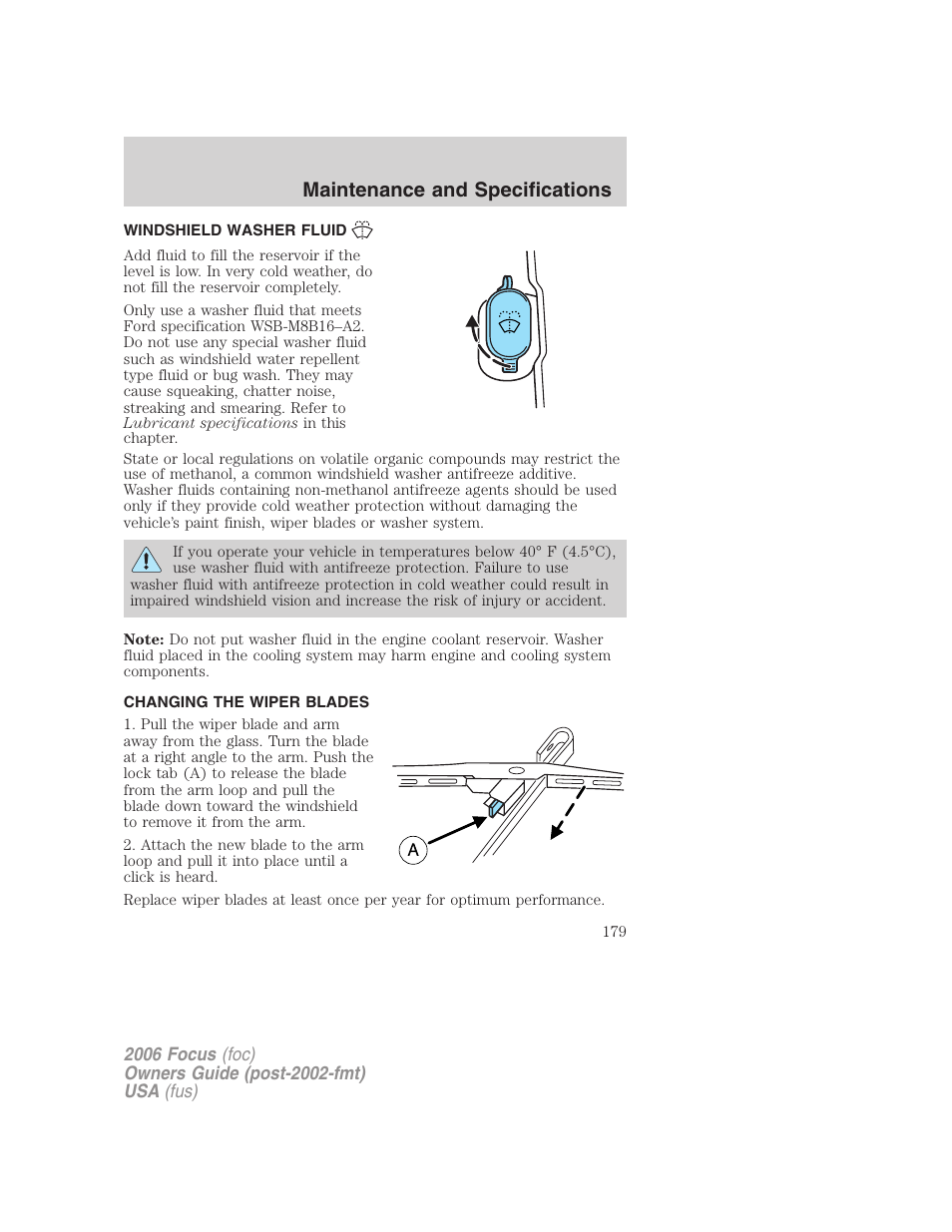 Windshield washer fluid, Changing the wiper blades, Maintenance and specifications | FORD 2006 Focus v.1 User Manual | Page 179 / 224