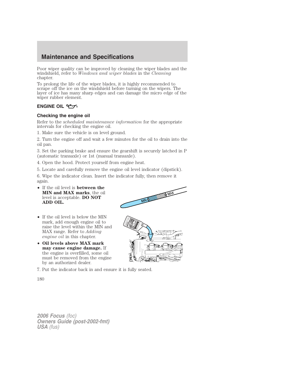 Engine oil, Checking the engine oil, Maintenance and specifications | FORD 2006 Focus v.1 User Manual | Page 180 / 224