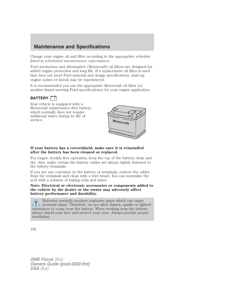 Battery, Maintenance and specifications | FORD 2006 Focus v.1 User Manual | Page 182 / 224