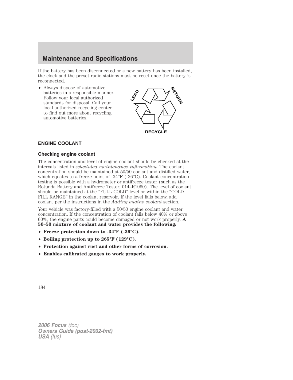 Engine coolant, Checking engine coolant, Maintenance and specifications | FORD 2006 Focus v.1 User Manual | Page 184 / 224