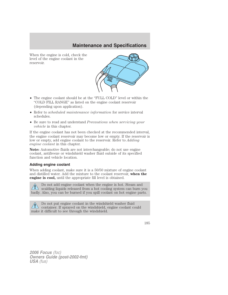 Adding engine coolant, Maintenance and specifications | FORD 2006 Focus v.1 User Manual | Page 185 / 224