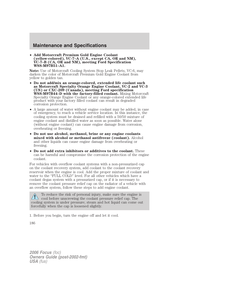 Maintenance and specifications | FORD 2006 Focus v.1 User Manual | Page 186 / 224