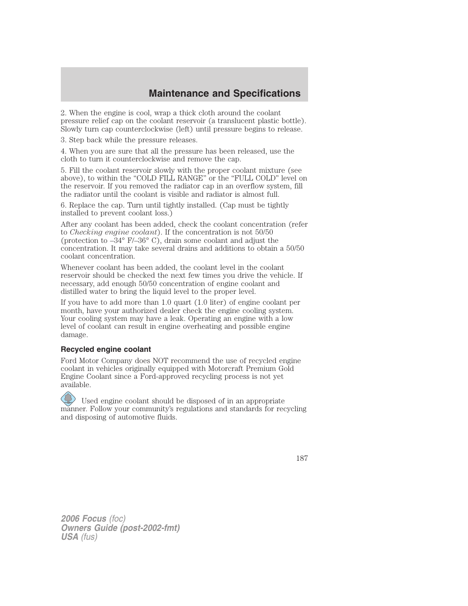 Recycled engine coolant, Maintenance and specifications | FORD 2006 Focus v.1 User Manual | Page 187 / 224